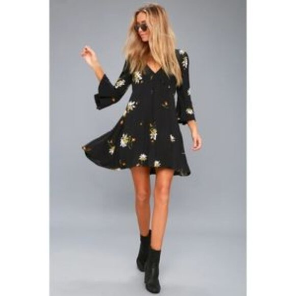 Free People Time On My Side Mini Wrap Dress Black Floral Boho SMALL #OB770151 - Picture 4 of 15